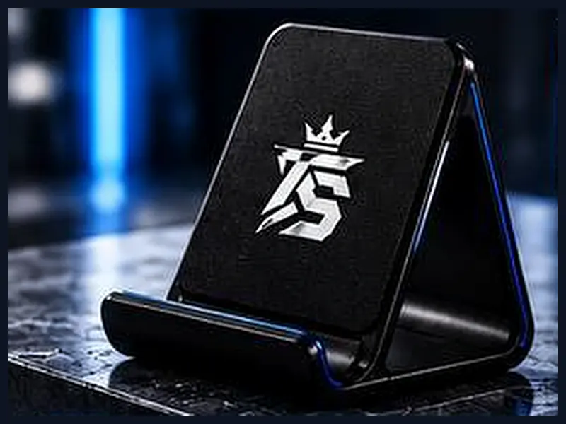 Schwarzer Handyhalter aus Aluminium mit TrustAsSports-Logo