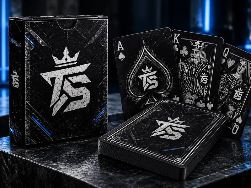 Schwarzes TrustAsSports-Kartenspiel mit dekorierter Schachtel und Spielkarten