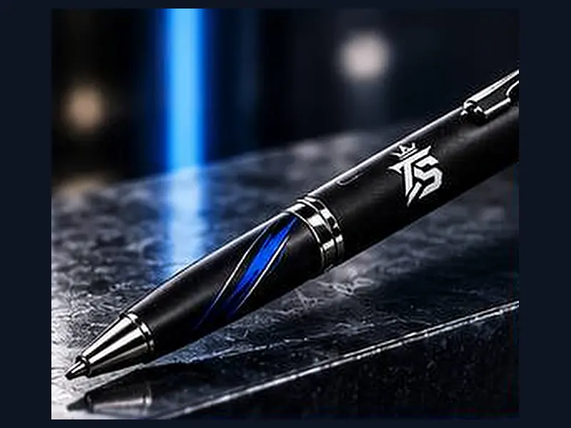 Schwarzer Kugelschreiber aus Metall mit TrustAsSports-Logo und blauem Muster