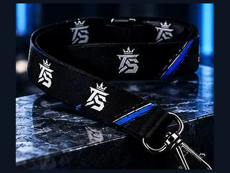 Schwarzes Lanyard mit TrustAsSports-Logos, blauem Streifen und Karabiner