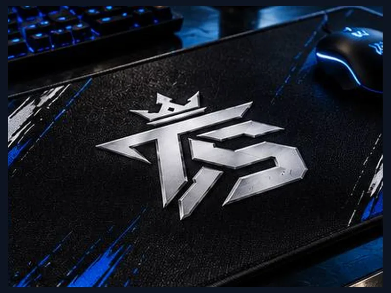 Großes schwarzes Mauspad mit TrustAsSports-Logo und blauem Muster