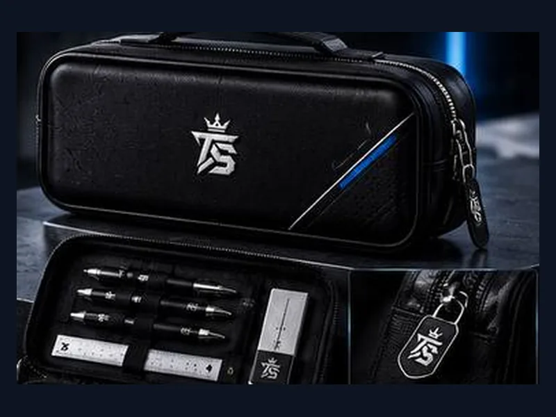 Schwarze Stiftetasche mit TrustAsSports-Logo, geöffnet mit Stiften und Lineal