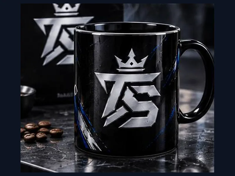 Schwarze Tasse mit dem TrustAsSports-Logo in Silber