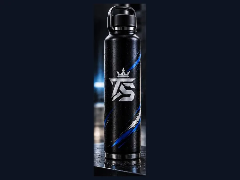 Schwarze Edelstahl-Trinkflasche mit TrustAsSports-Logo und blauem Muster