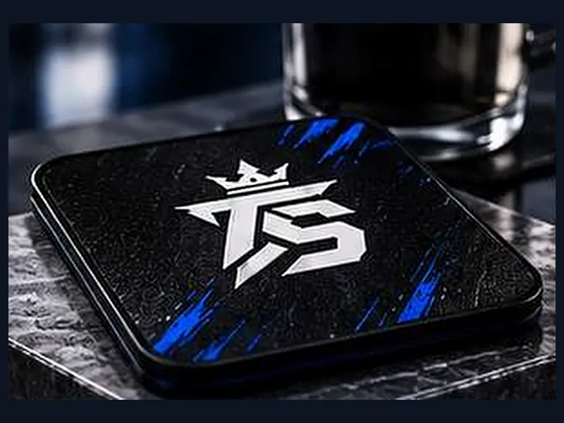 Schwarzer Untersetzer mit TrustAsSports-Logo und blauem Muster